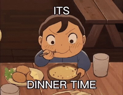 A Cartoon Boy Is Sitting At A Table With A Bowl Of Soup And A Spoon In His Mouth . GIF