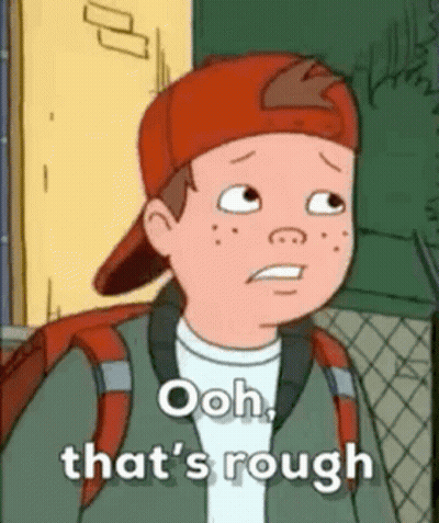 A Cartoon Boy Is Wearing A Red Hat And A Backpack And Says `` Ooh , That 'S Rough '' GIF