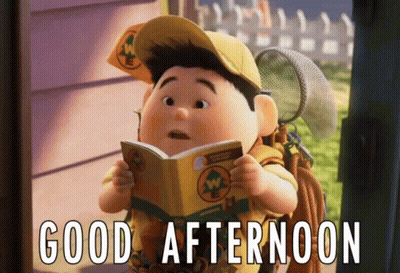 A Cartoon Boy Reading A Book With The Words " Good Afternoon " Written Below Him GIF