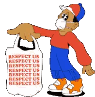 A Cartoon Boy Wearing A Face Mask Points To A Sign That Says Respect Us Sticker