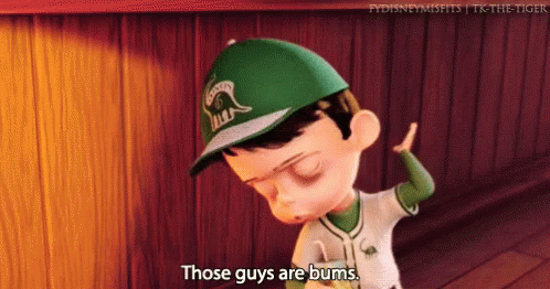 A Cartoon Boy Wearing A Green Baseball Cap Says " Those Guys Are Bums " GIF