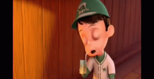 A Cartoon Boy Wearing A Green Hat And A Baseball Uniform Is Holding A Cup Of Coffee . GIF