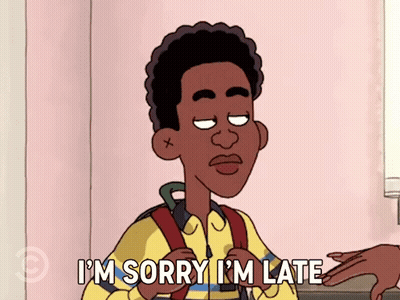 A Cartoon Boy With A Backpack Says I 'M Sorry I 'M Late GIF