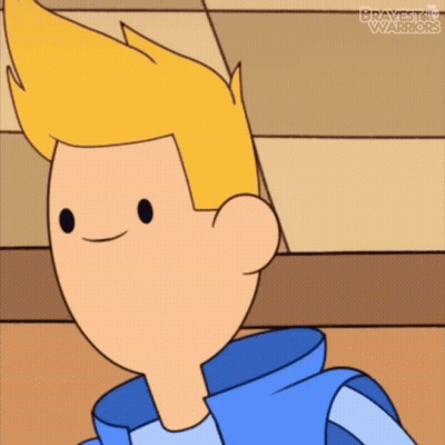 A Cartoon Boy With Blonde Hair And A Blue Jacket Is Smiling And Looking At The Camera . GIF