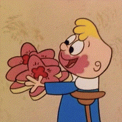 A Cartoon Boy With Crutches Is Holding A Bouquet Of Pink Flowers . GIF