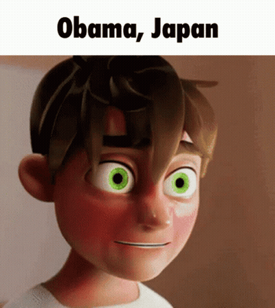 A Cartoon Boy With Green Eyes And The Words Obama Japan Below Him GIF
