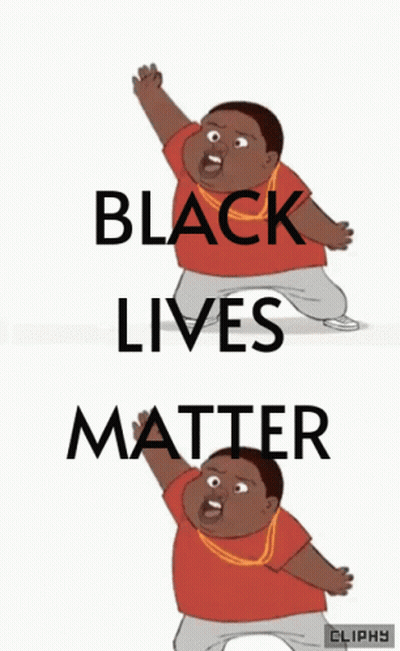 A Cartoon Boy With His Fist In The Air With The Words Black Lives Matter Below Him GIF
