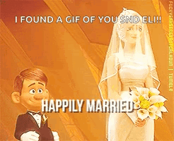 A Cartoon Bride And Groom Are Standing Next To Each Other And The Caption Says Happily Married GIF