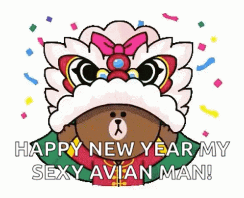 A Cartoon Brown Bear Is Wearing A Lion Costume And Saying `` Happy New Year My Sexy Avian Man ! '' GIF