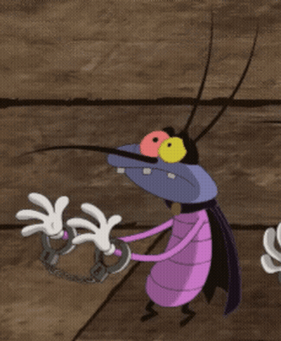 A Cartoon Bug Is Wearing Handcuffs And A Purple Outfit GIF
