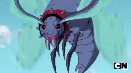 A Cartoon Bug With Red Eyes And Spikes On Its Head Is Flying In The Air . GIF