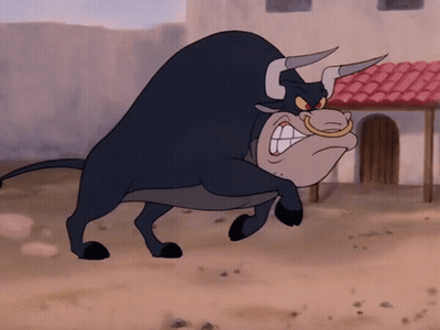 A Cartoon Bull Is Standing In Front Of A Building With A Red Roof GIF