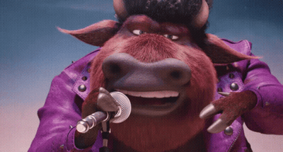 A Cartoon Bull Singing Into A Microphone Wearing A Purple Leather Jacket GIF