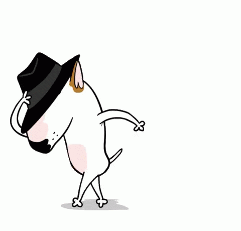 A Cartoon Bull Terrier Wearing A Black Hat And Mustache . GIF
