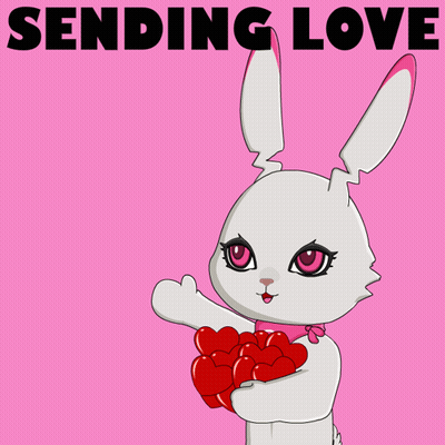 A Cartoon Bunny Holding A Bunch Of Red Hearts With The Words Sending Love Behind It GIF