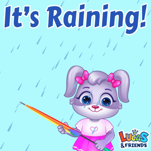 A Cartoon Bunny Holding A Rainbow Colored Umbrella With The Words It 'S Raining GIF