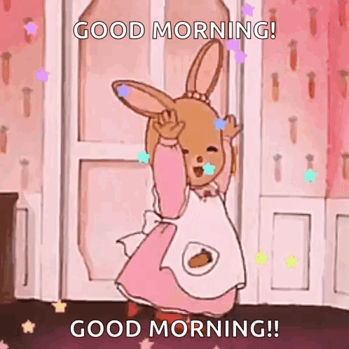 A Cartoon Bunny Is Dancing In A Room And Says Good Morning ! GIF