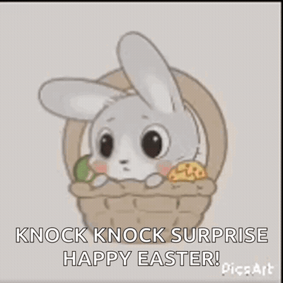 A Cartoon Bunny Is Sitting In A Basket With Eggs And Says `` Knock Knock Surprise Happy Easter '' . GIF