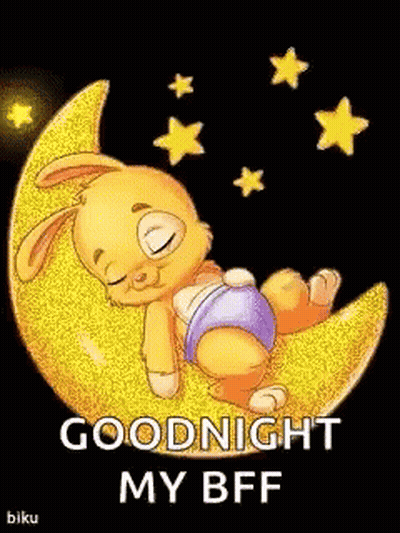 A Cartoon Bunny Is Sleeping On A Crescent Moon With The Words `` Goodnight My Bff '' Written Below It . GIF