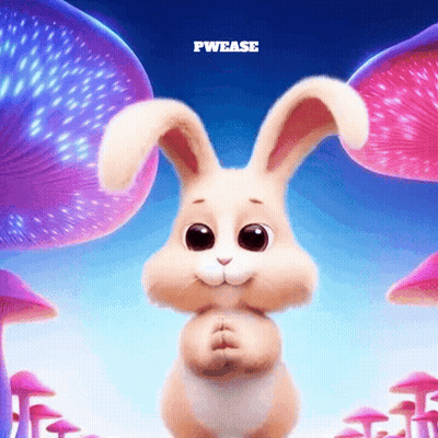 A Cartoon Bunny Is Standing In Front Of Mushrooms With The Words Pwease Above It GIF