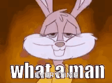 A Cartoon Bunny Rabbit Is Asking What A Man Is Every Time . GIF