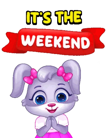A Cartoon Bunny Says It 'S The Weekend With A Red Banner Sticker