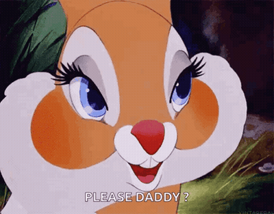 A Cartoon Bunny Says Please Daddy In Front Of A Tree GIF