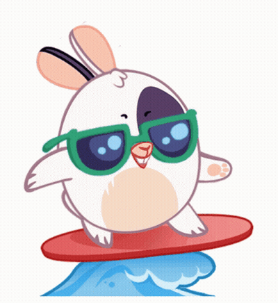 A Cartoon Bunny Wearing Sunglasses Is Riding A Wave On A Surfboard GIF