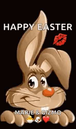A Cartoon Bunny With A Kiss On Its Nose And The Words Happy Easter Marie And Gizmo GIF