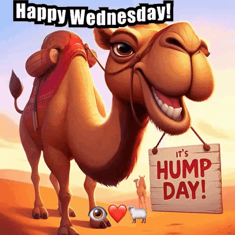 A Cartoon Camel Holding A Sign That Says It 'S Hump Day GIF