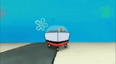 A Cartoon Car Is Driving Down A Road Next To A Spongebob Squarepants Character . GIF
