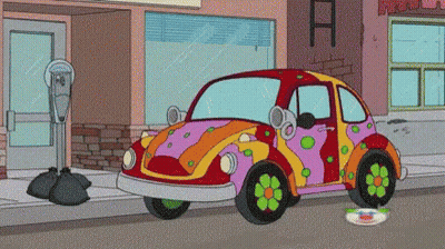 A Cartoon Car Is Parked On The Side Of The Road In Front Of A Building With The Letter A On It GIF