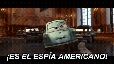 A Cartoon Car Says " Es El Espia Americano " In A Foreign Language GIF