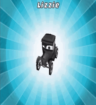 A Cartoon Car With The Name Lizzie On The Top GIF