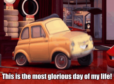 A Cartoon Car With The Words " This Is The Most Glorious Day Of My Life " Below It GIF