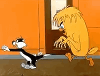 A Cartoon Cat And A Duck Are Standing Next To Each Other . GIF