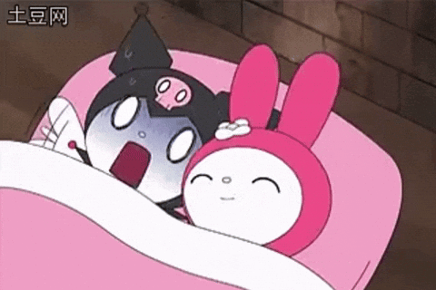 A Cartoon Cat And A Pink Bunny Are Laying In A Bed Together . GIF