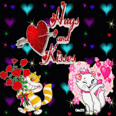 A Cartoon Cat Holding A Bouquet Of Red Roses And A Heart With An Arrow Through It And The Words Hugs And Kisses GIF