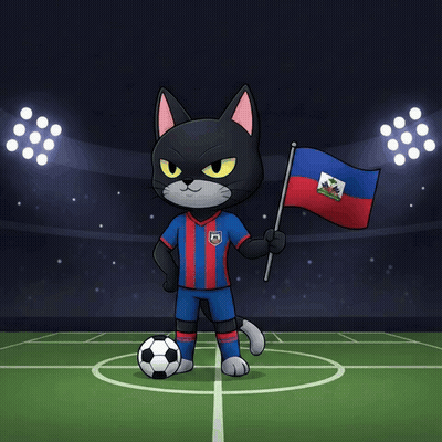 A Cartoon Cat Holding A Haiti Flag And A Soccer Ball GIF