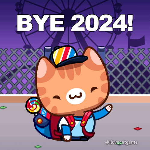 A Cartoon Cat Holding A Lollipop With The Words Bye 2024 Behind Him GIF
