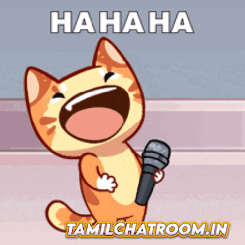A Cartoon Cat Holding A Microphone With The Words ' Hahaha Tamilchatroom.in ' Written Below It GIF