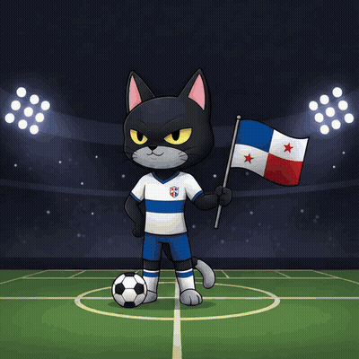 A Cartoon Cat Holding A Panama Flag On A Soccer Field GIF