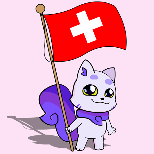 A Cartoon Cat Holding A Red Flag With A White Cross GIF