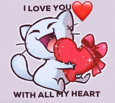 A Cartoon Cat Holding A Red Heart With The Words I Love You With All My Heart Below It GIF