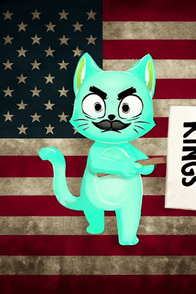 A Cartoon Cat Holding A Sign That Says Kings On It GIF
