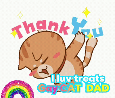 A Cartoon Cat Holding Up A Thank You Sign With A Rainbow In The Background GIF