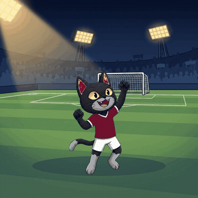 a cartoon cat in a red shirt and white shorts is standing on a soccer field