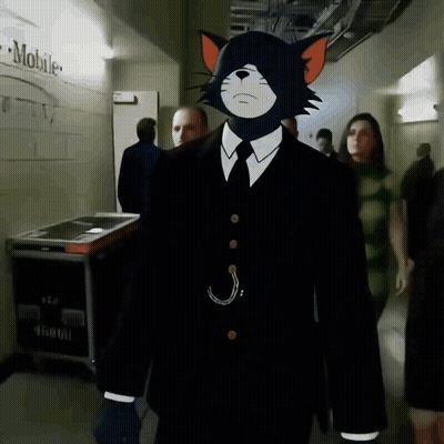 A Cartoon Cat In A Suit And Tie Is Walking In A Hallway GIF