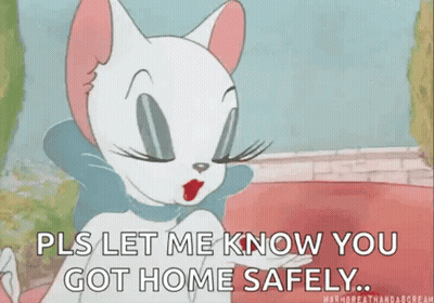 A Cartoon Cat Is Blowing A Kiss While Saying `` Pls Let Me Know You Got Home Safely '' . GIF