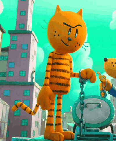A Cartoon Cat Is Chained To A Drum In A City Scene GIF